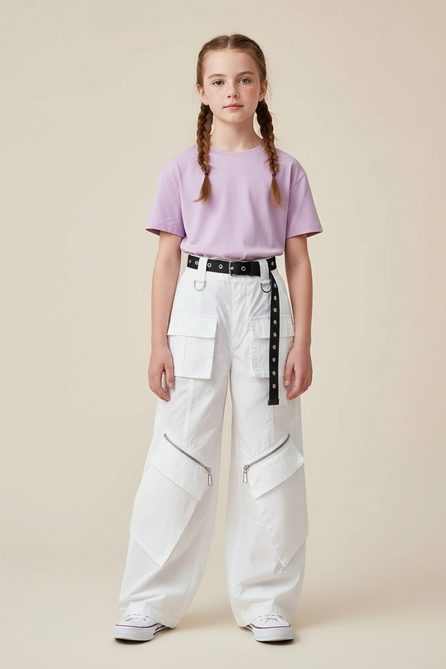 Pantalon Cargo Blanc Ample Zippé Streetwear Enfant - Toile