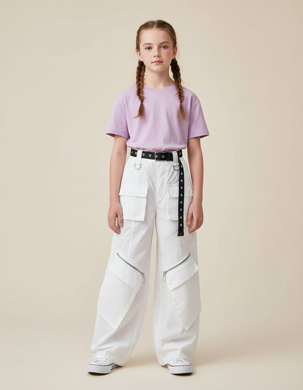 Pantalon Cargo Blanc Ample Zippé Streetwear Enfant - Toile