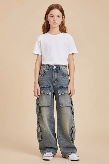 Pantalon Cargo Denim Ample Multipoches Enfant Fille - Bleu Jean