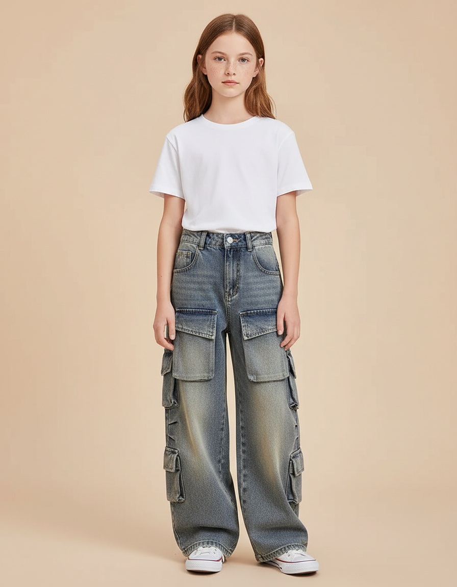 Pantalon Cargo Denim Ample Multipoches Enfant Fille - Bleu Jean