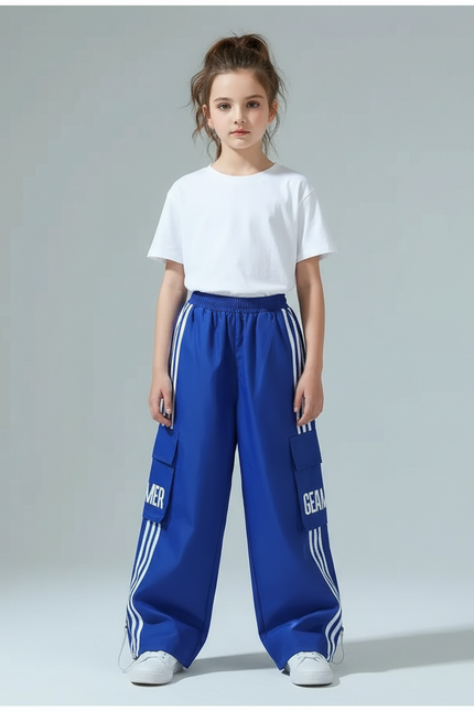 Pantalon Cargo Bleu Ample Rayures Blanc Enfant - Polyester