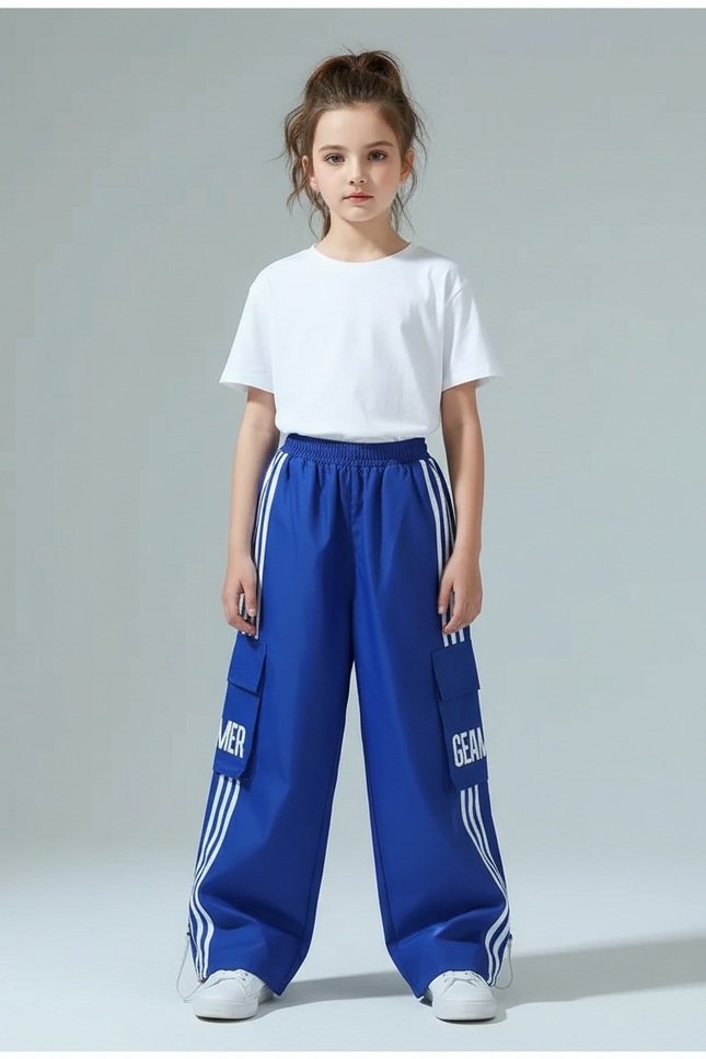 Pantalon Cargo Bleu Ample Rayures Blanc Enfant - Polyester