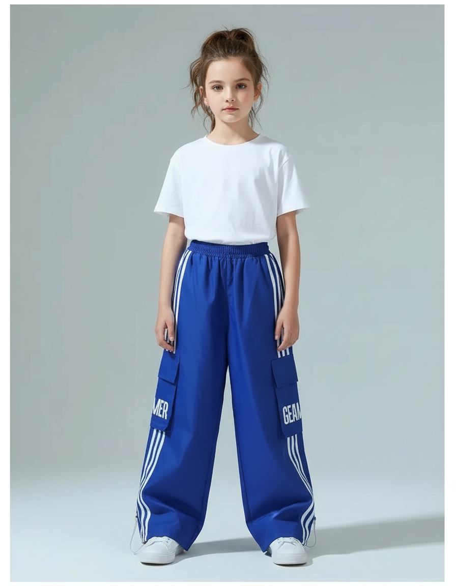 Pantalon Cargo Bleu Ample Rayures Blanc Enfant - Polyester