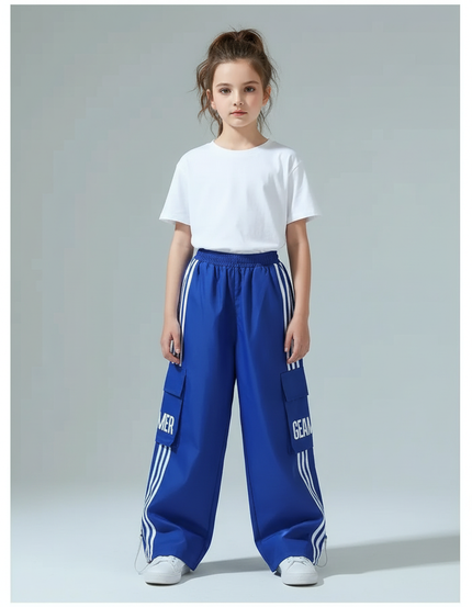 Pantalon Cargo Bleu Ample Rayures Blanc Enfant - Polyester