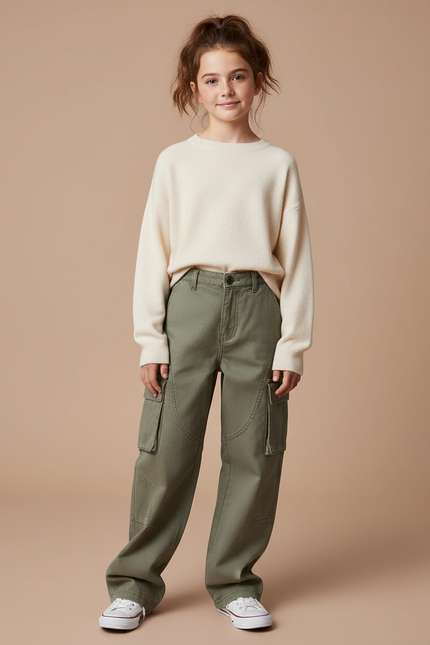 Pantalon Cargo Vert Ample Décontracté Multi-Poches - Kaki Toile