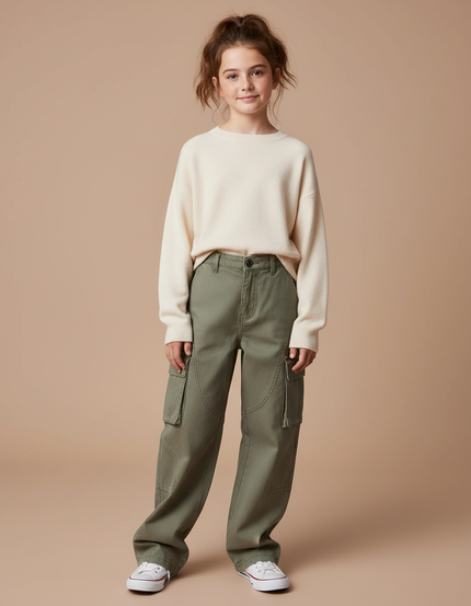 Pantalon Cargo Vert Ample Décontracté Multi-Poches - Kaki Toile
