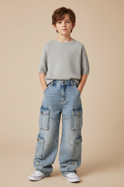 Pantalon Cargo Denim Bleu Ample Multipoches Garçon - Jean