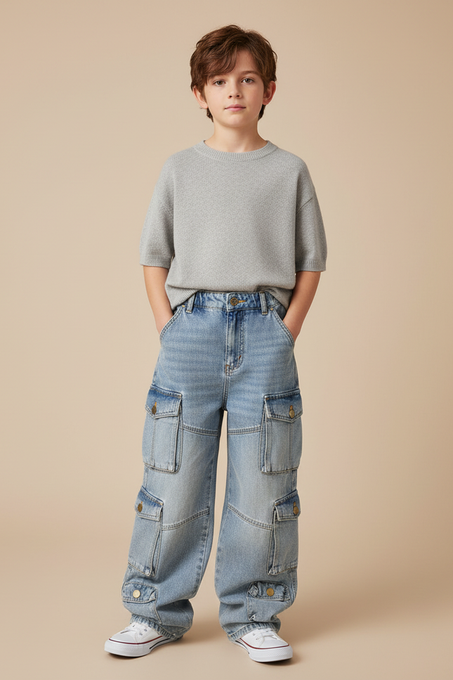 Pantalon Cargo Denim Bleu Ample Multipoches Garçon - Jean