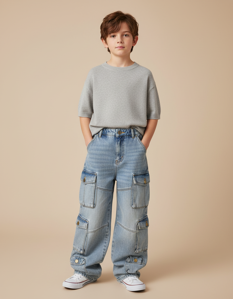 Pantalon Cargo Denim Bleu Ample Multipoches Garçon - Jean