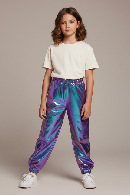 Pantalon Cargo Métallique Holographique Ample Brillant Enfant - Multicolore Polyester