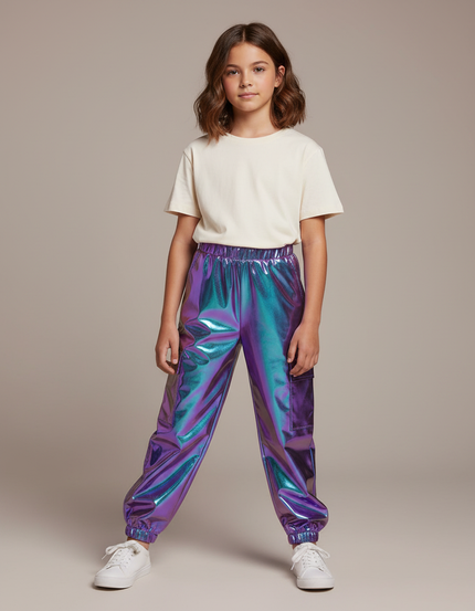 Pantalon Cargo Métallique Holographique Ample Brillant Enfant - Multicolore Polyester
