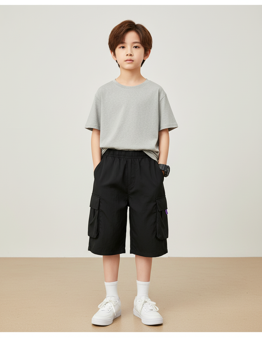 Pantalon Cargo Noir Décontracté Poches Enfant - Polyester