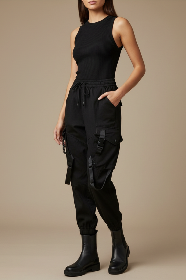 Pantalon Cargo Noir Ample Streetwear Femme - Toile