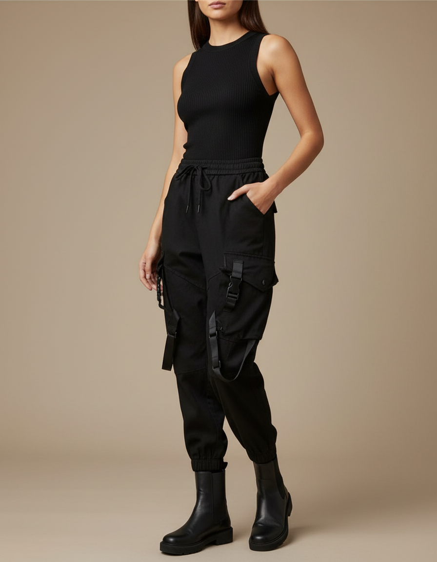 Pantalon Cargo Noir Ample Streetwear Femme - Toile