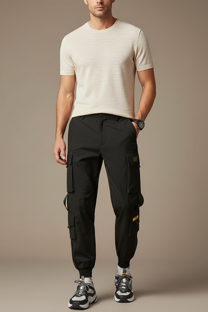 Pantalon Cargo Noir Ample Poches Multiples Homme - Polyester