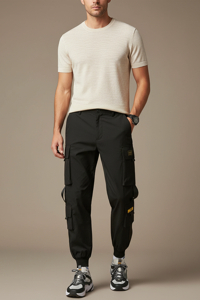 Pantalon Cargo Noir Ample Poches Multiples Homme - Polyester