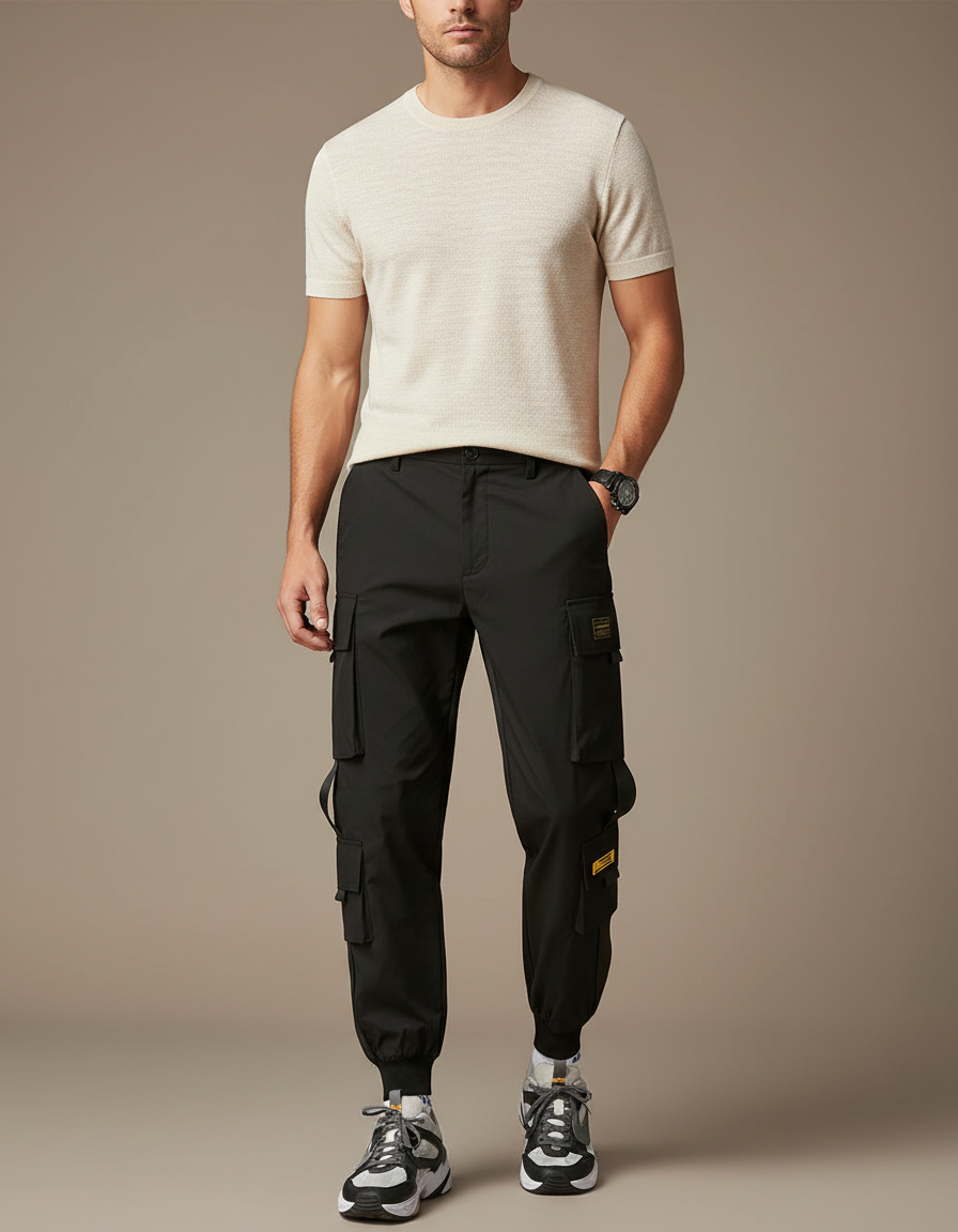 Pantalon Cargo Noir Ample Poches Multiples Homme - Polyester