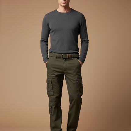 Pantalon Cargo Vert Militaire Décontracté Multipoches Coton - Kaki