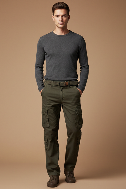 Pantalon Cargo Vert Militaire Décontracté Multipoches Coton - Kaki