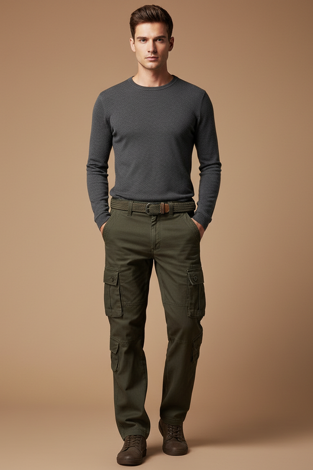 Pantalon Cargo Vert Militaire Décontracté Multipoches Coton - Kaki