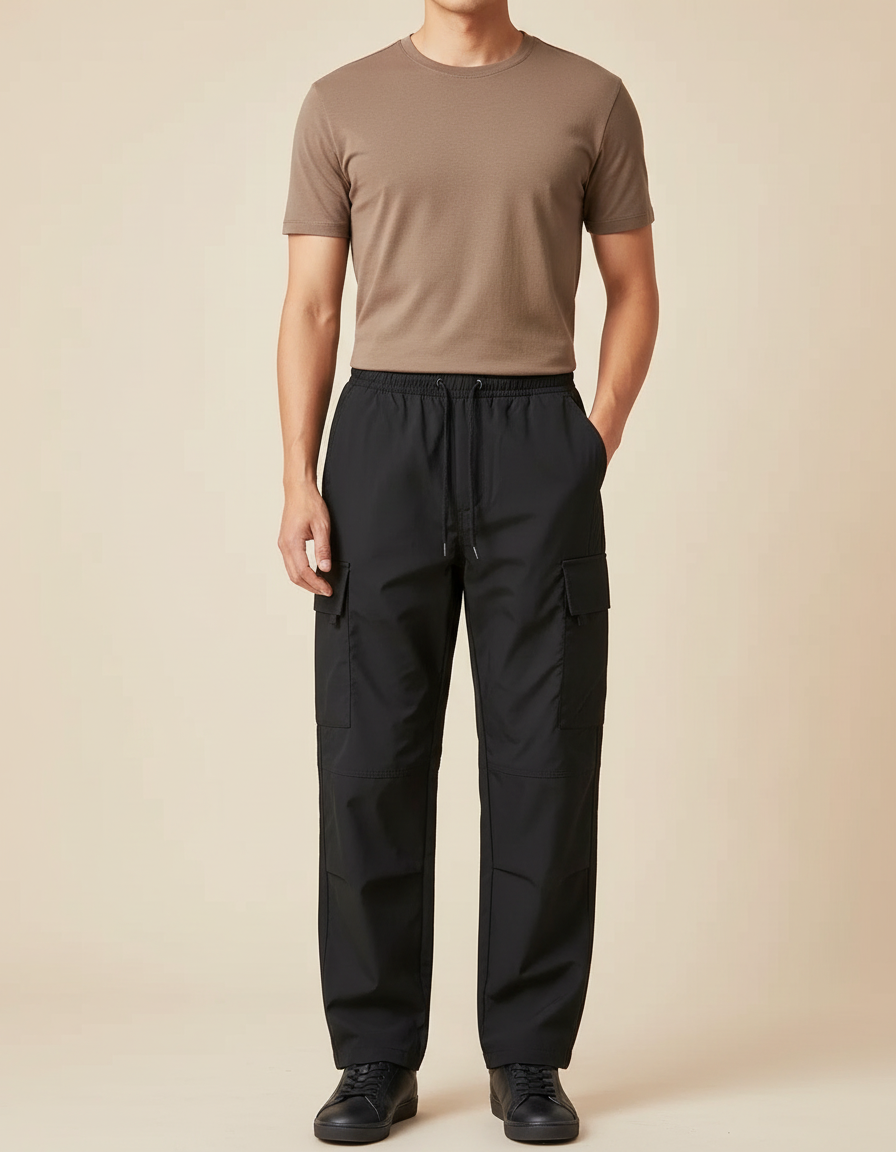 Pantalon Cargo Noir Ample Technique Casual - Polyester