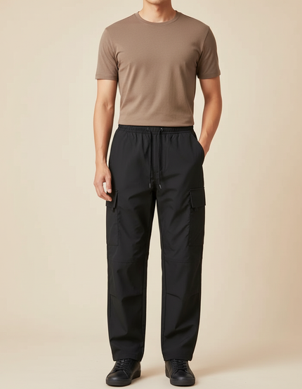 Pantalon Cargo Noir Ample Technique Casual - Polyester