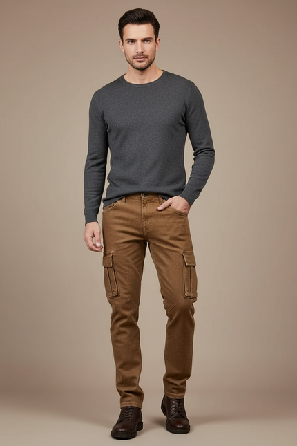 Pantalon Cargo Marron Coton Slim Multipoches Homme - Toile