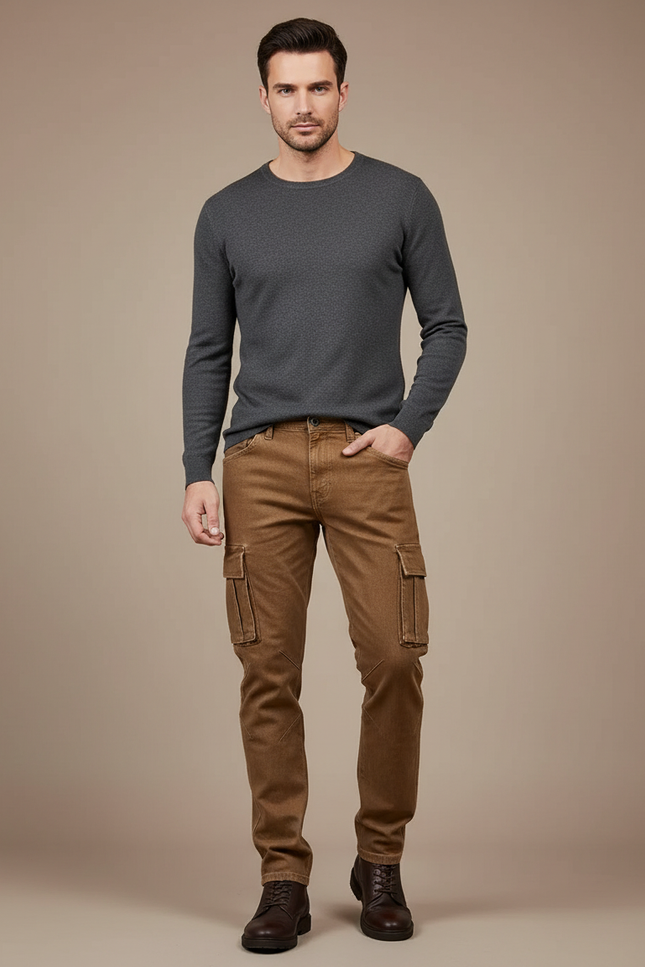 Pantalon Cargo Marron Coton Slim Multipoches Homme - Toile