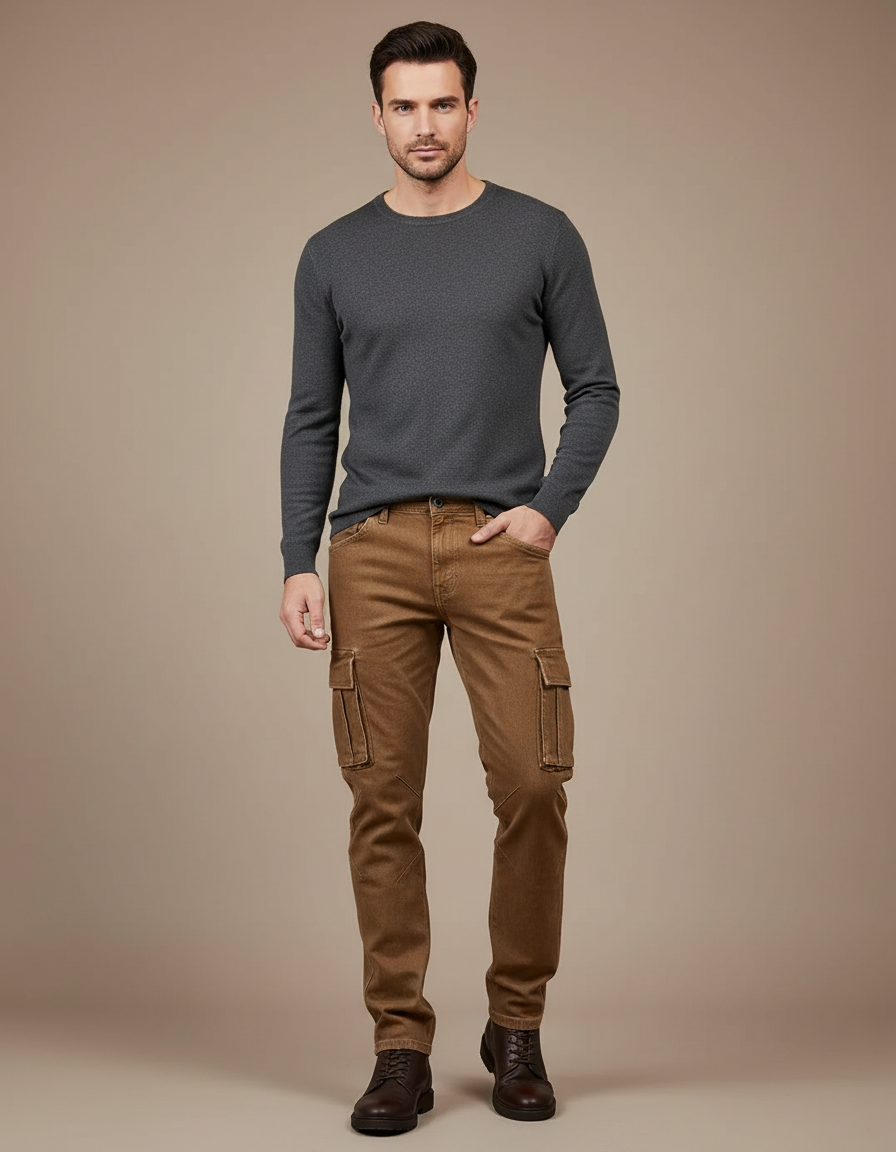 Pantalon Cargo Marron Coton Slim Multipoches Homme - Toile