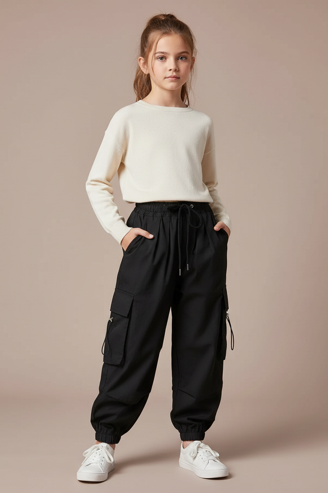 Pantalon Cargo Noir Ample Multipoches Fille - Polyester
