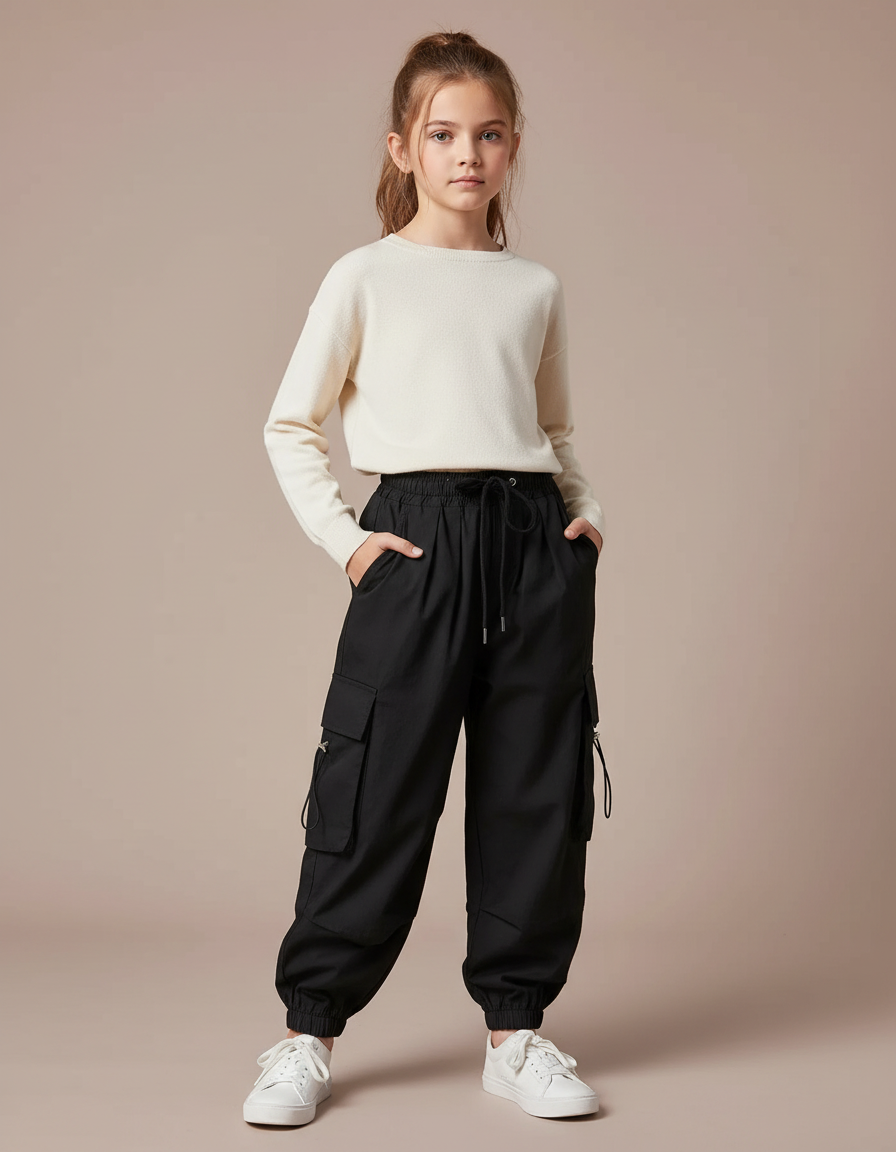 Pantalon Cargo Noir Ample Multipoches Fille - Polyester