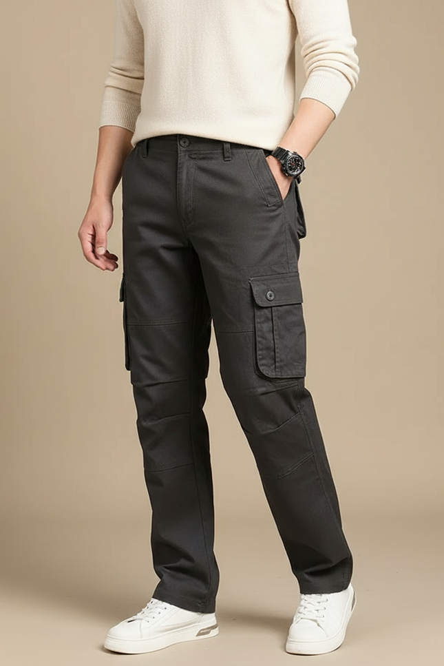 Pantalon Cargo Gris Coton Ample Multipoches Décontracté