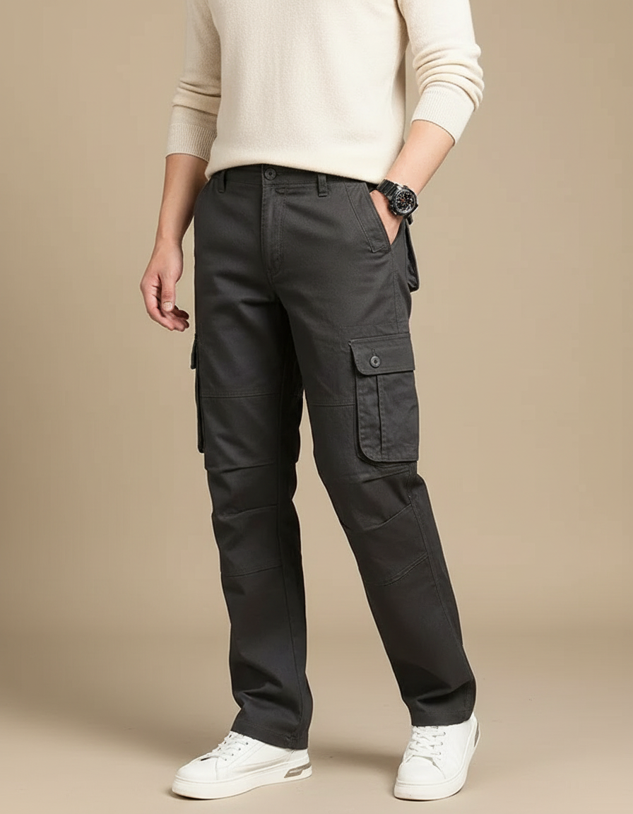 Pantalon Cargo Gris Coton Ample Multipoches Décontracté