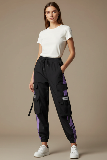 Pantalon Cargo Noir Violet Fluide Multipoches Femme - Polyester