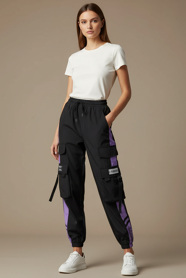 Pantalon Cargo Noir Violet Fluide Multipoches Femme - Polyester