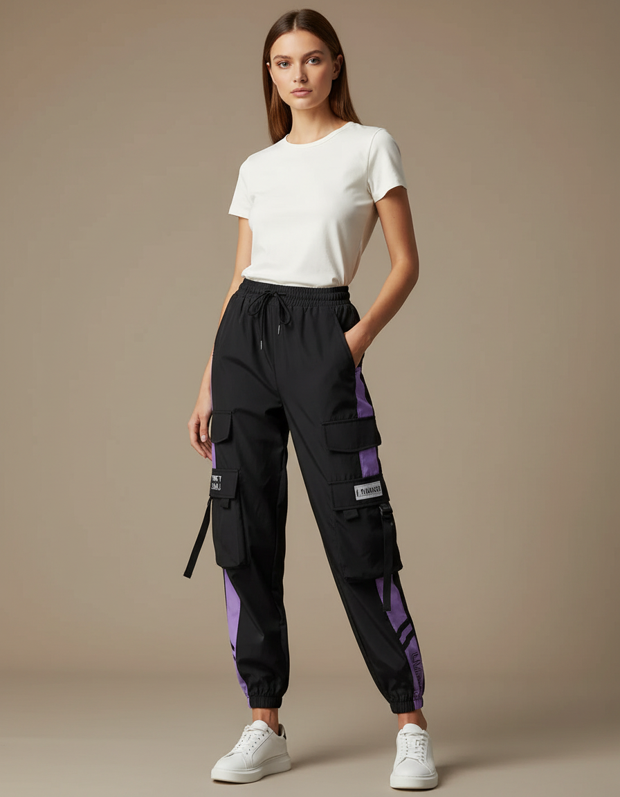 Pantalon Cargo Noir Violet Fluide Multipoches Femme - Polyester