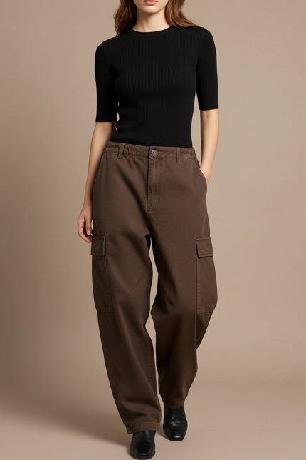 Pantalon Cargo Marron Ample Décontracté Multipoches Femme - Toile