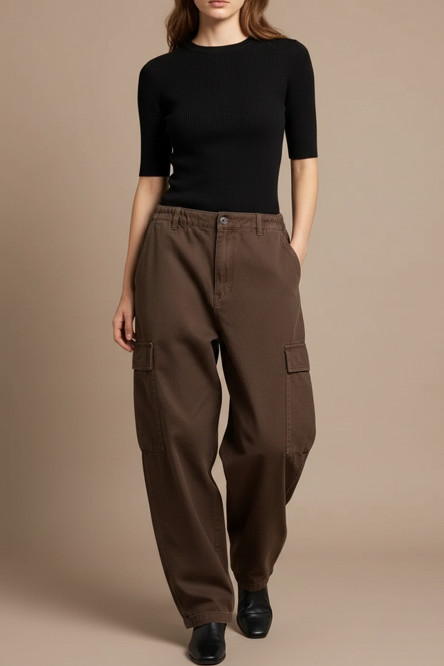 Pantalon Cargo Marron Ample Décontracté Multipoches Femme - Toile