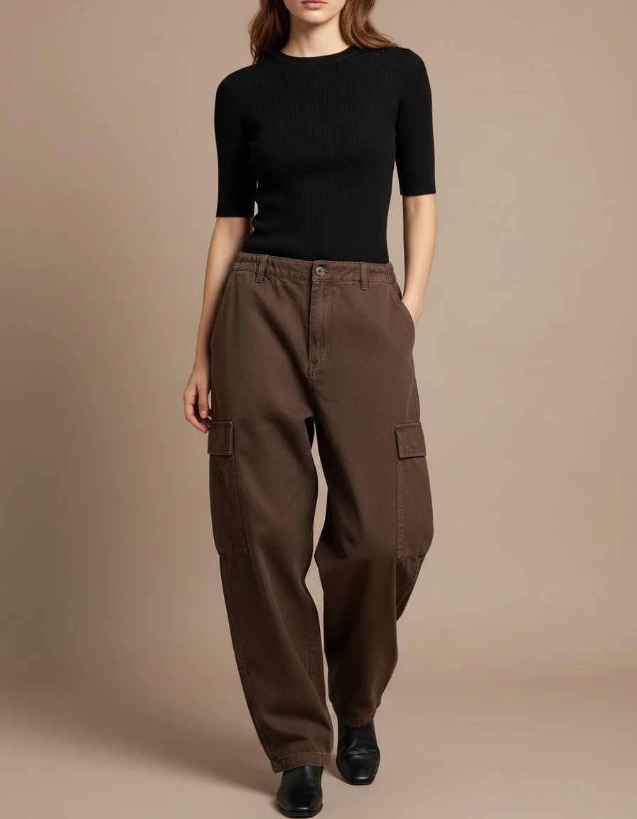 Pantalon Cargo Marron Ample Décontracté Multipoches Femme - Toile