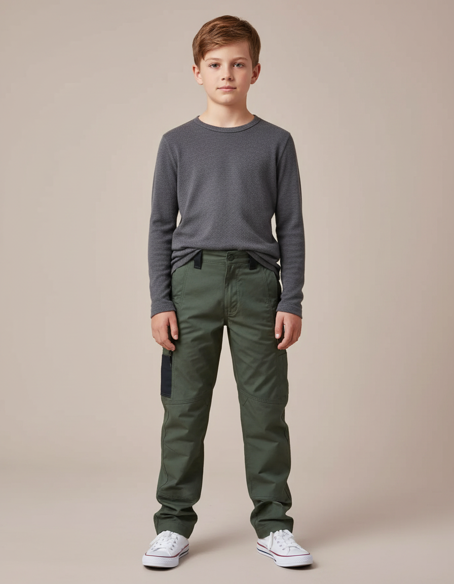 Pantalon Cargo Vert Militaire Garçon Multipoches - Kaki Toile