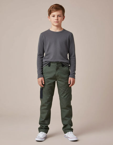 Pantalon Cargo Vert Militaire Garçon Multipoches - Kaki Toile