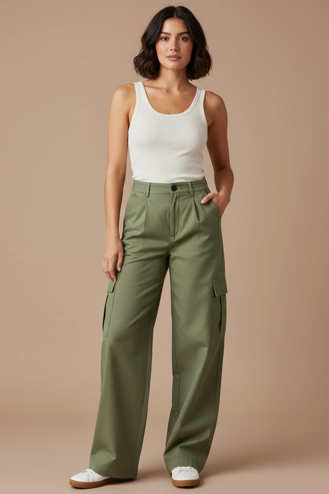 Pantalon Cargo Vert Ample Décontracté Femme - Kaki Gabardine