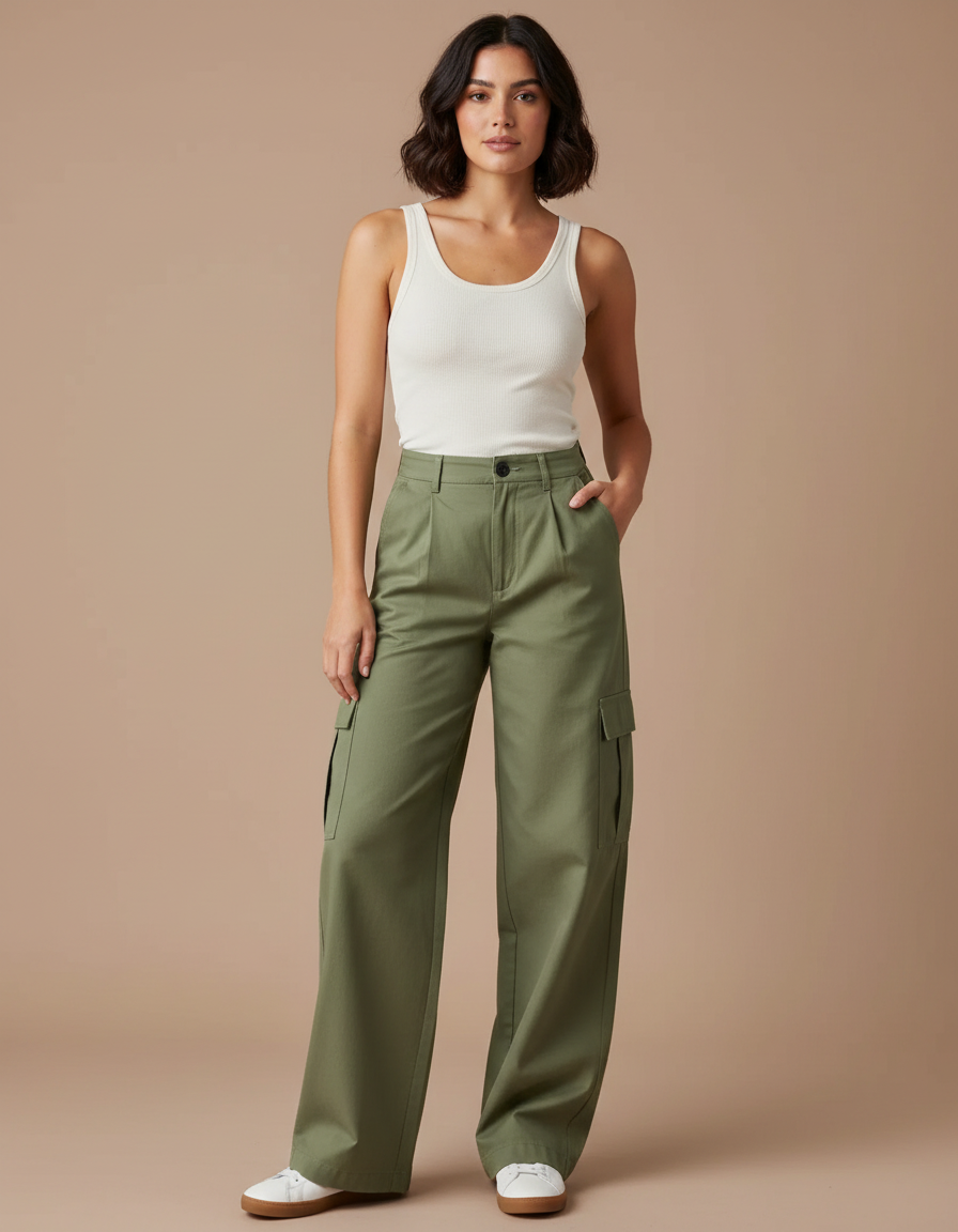 Pantalon Cargo Vert Ample Décontracté Femme - Kaki Gabardine