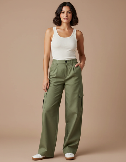 Pantalon Cargo Vert Ample Décontracté Femme - Kaki Gabardine