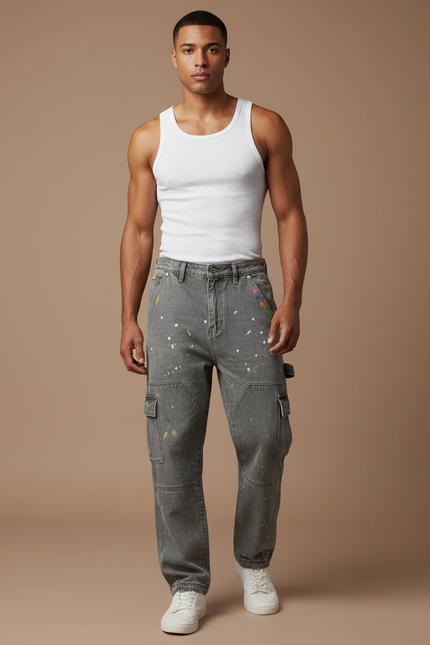 Pantalon Cargo Gris Délavé Peint Ample Multi-Poches - Jean