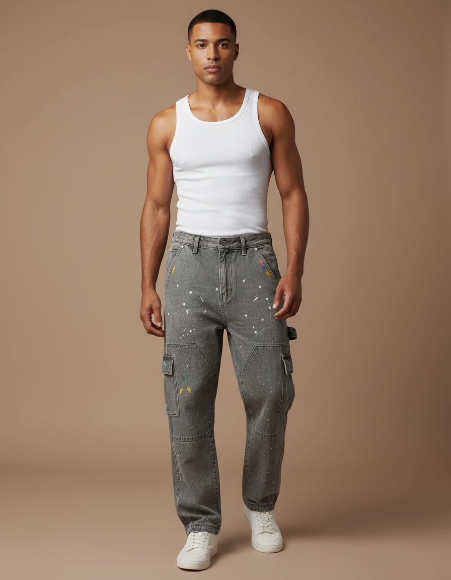 Pantalon Cargo Gris Délavé Peint Ample Multi-Poches - Jean