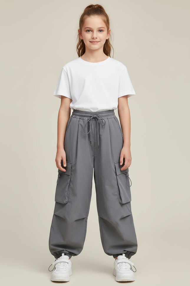 Pantalon Cargo Gris Ample Poches Cordon Fille - Polyester