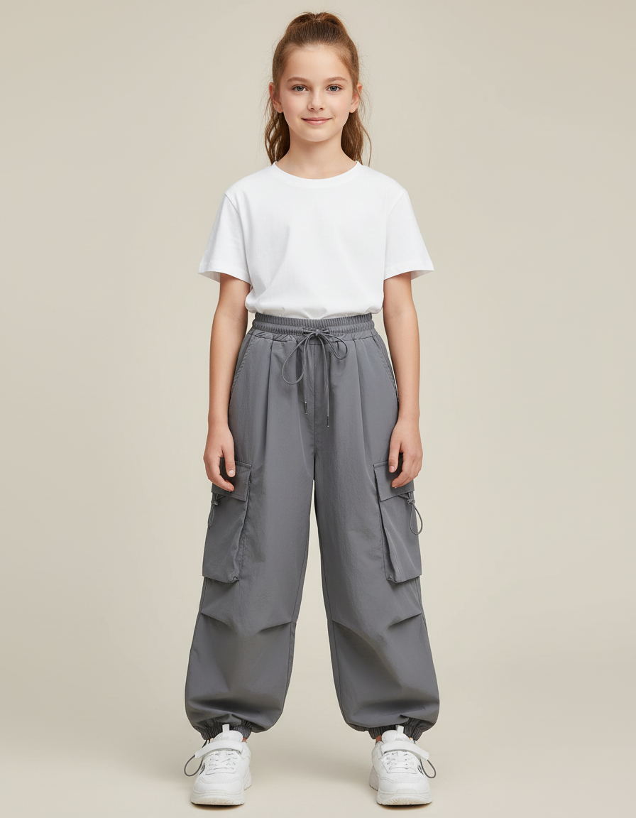 Pantalon Cargo Gris Ample Poches Cordon Fille - Polyester