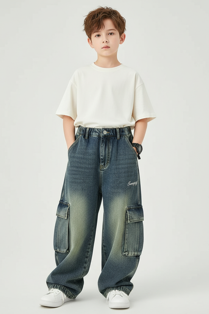 Pantalon Cargo Enfant Jean Ample Délavé Poches - Bleu