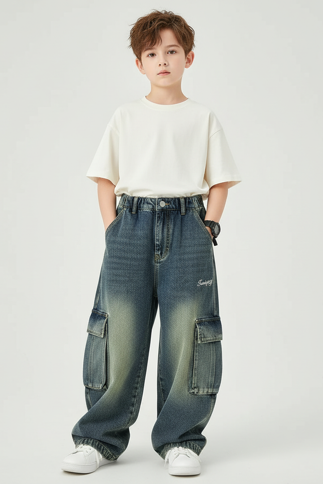 Pantalon Cargo Enfant Jean Ample Délavé Poches - Bleu